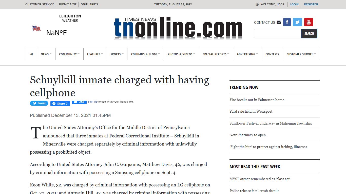 Schuylkill inmate charged with having cellphone – Times ...